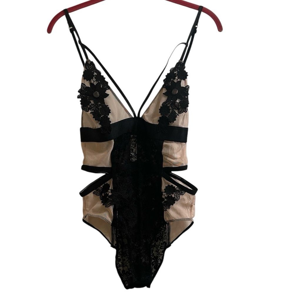 French Affair Caged Lace Bodysuit NEW Black Nude Mesh Floral Teddy Large